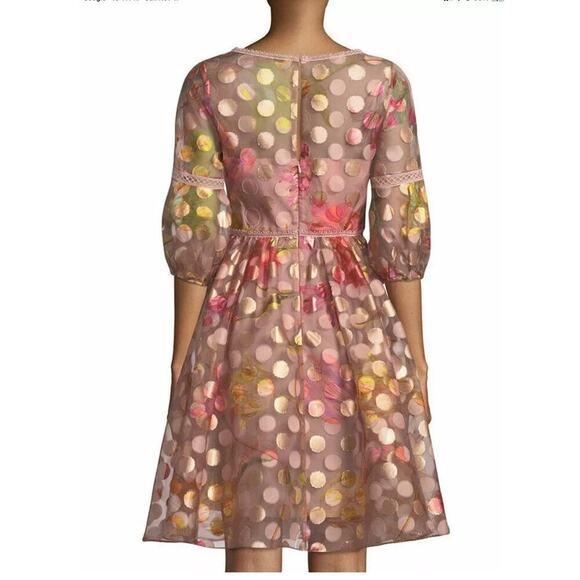 Marchesa Notte V Neck Bubble Sleeve Cocktail Dress In Blush Size 4 Polka Dot - Picture 12 of 16